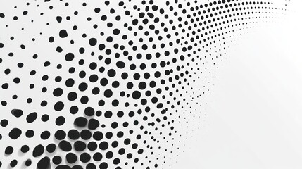 An abstract design featuring black dots in a flowing pattern over a white background, creating a...