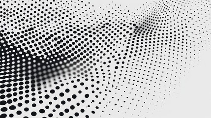 Abstract black and white design featuring a dynamic pattern of dotted waves flowing across the canvas.
