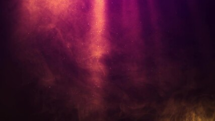 Atmospheric light beams cloudy smoke flying glowing particles video. VFX loop animation of mystical divine light effect.