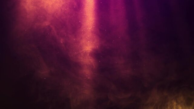 Atmospheric light beams cloudy smoke flying glowing particles video. VFX loop animation of mystical divine light effect.