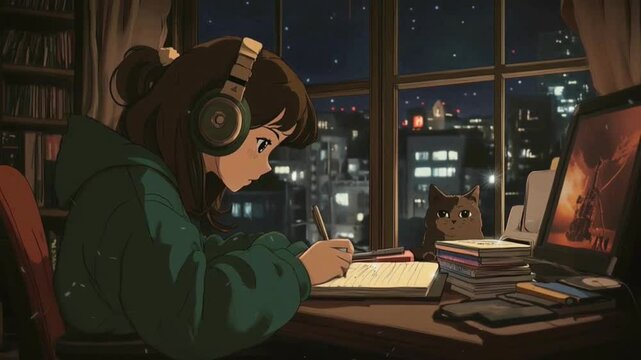 Lofi animation. Girl is sitting at her desk with a cat while wearing headphones writing something with a pen in a notebook