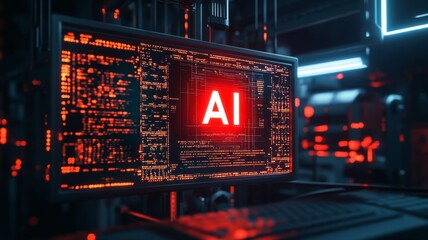 AI logo on a holographic display in a futuristic space station, a computer screen with glowing digital data and an artificial intelligence icon. Circuit board, illuminated ethereal, glowing lights
