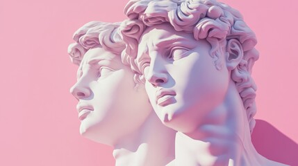 Two classical marble sculptures with refined features against a vibrant pink backdrop.