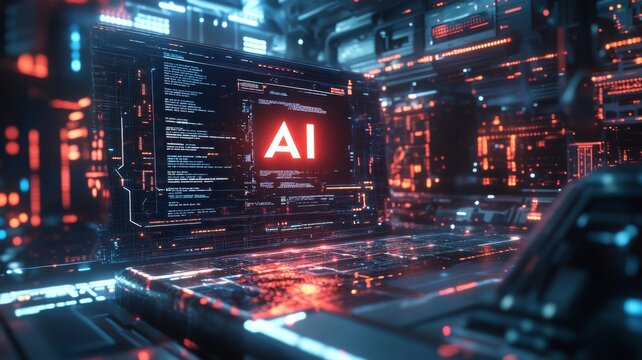 AI logo on a holographic display in a futuristic space station, a computer screen with glowing digital data and an artificial intelligence icon. Circuit board, illuminated ethereal, glowing lights