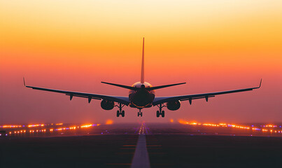 Airplane landing on runway at sunset.
