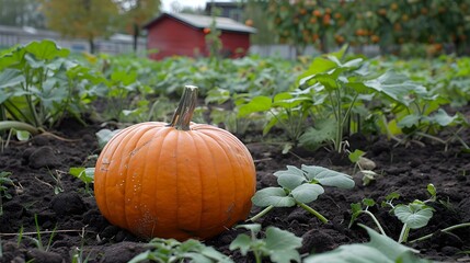 Ripe Pumpkin in a Patch Autumn Harvest