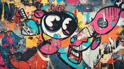 Obraz premium Vibrant street art mural showcasing a playful character with large eyes and colorful splashes, exuding energy and creativity.