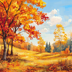 Fototapeta premium Golden field dotted with vibrant autumn trees under a clear blue sky, creating a radiant natural landscape filled with warm tones and the serene beauty of the autumn season.