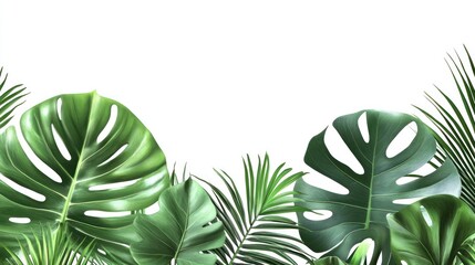 Vibrant green tropical leaves create a lush and refreshing backdrop.