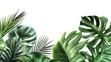 Vibrant green tropical leaves creating a lush border on a white background.