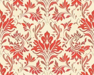 Elegant floral pattern with intricate designs in red and beige tones, perfect for various decorative applications.