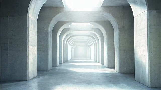 A Long, Stone Corridor with Arched Entryways and a Bright Light at the End