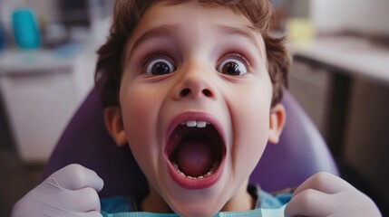 Excited Caucasian boy in a dental chair, smiling widely with a missing front tooth, showcasing a playful attitude.