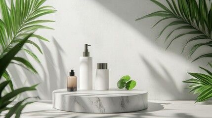 A serene display of elegant skincare products on a marble pedestal surrounded by lush green foliage.