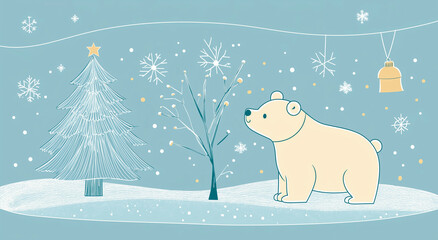 Polar Bear in Winter Scene with Christmas Tree and Snowflakes