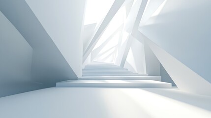 A modern white staircase with geometric shapes, creating a bright and airy atmosphere.