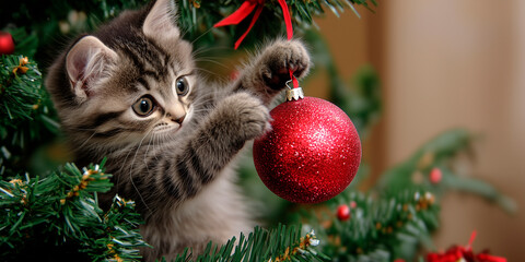 Playful Kitten Hanging Red Bauble on Christmas Tree