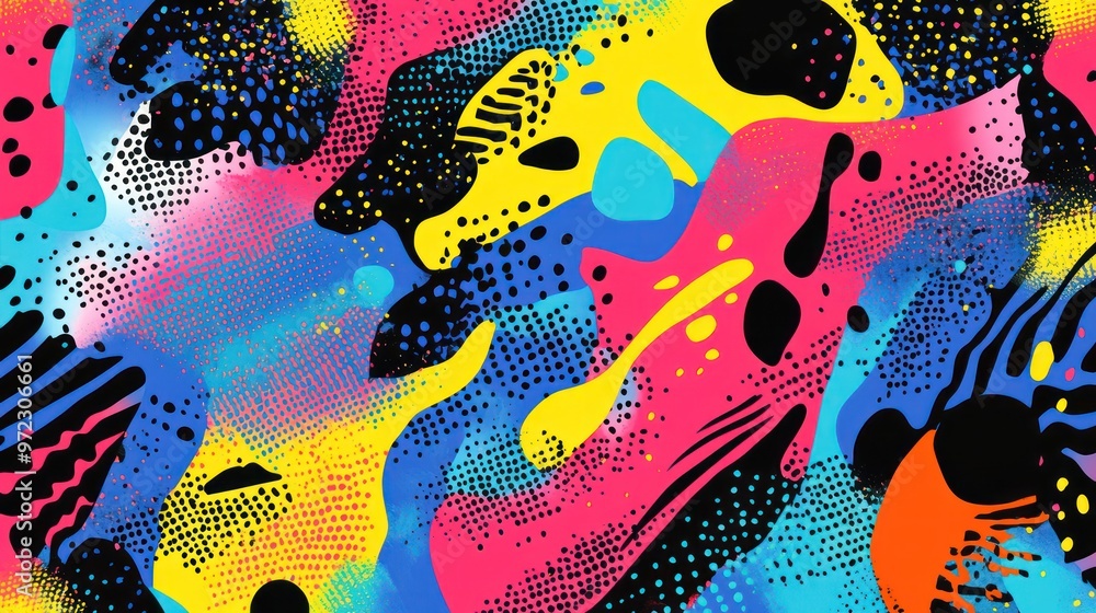 Poster a vibrant abstract pattern featuring bold colors and dynamic shapes, creating an energetic and playf