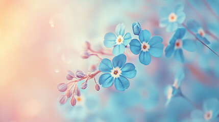 A visually stunning image of blue flowers in soft pastel hues, showcasing the gentle beauty of the blossoms in a serene and ethereal setting, perfect for artistic appreciation.