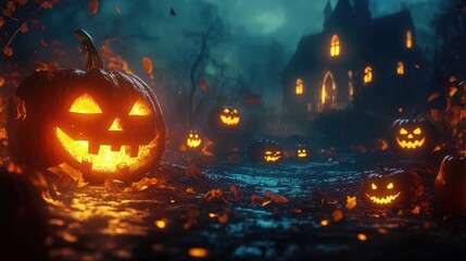 Fototapeta premium A spooky Halloween scene with lit jack-o'-lanterns in a dark, foggy forest path leading to a mysterious, glowing house.
