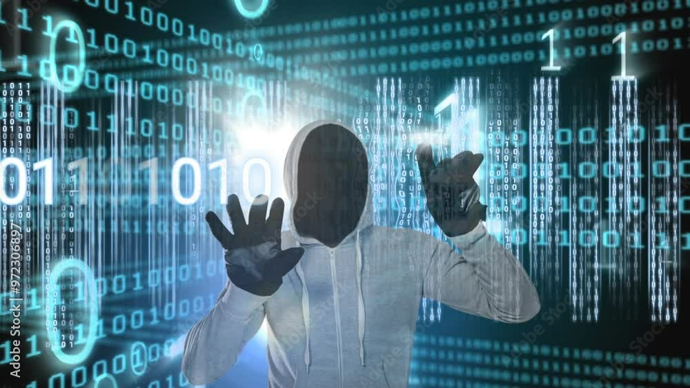 Poster hacker in hoodie with binary code and digital data processing animation