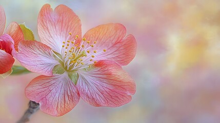 Fototapeta premium A close-up of a vibrant sakura flower against a soft pastel background, capturing the delicate veins of each petal
