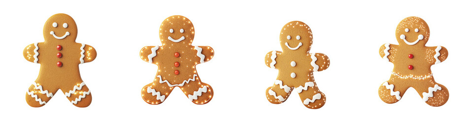 Four cheerful gingerbread cookies with icing details, perfect for festive baking and holiday-themed decorations.