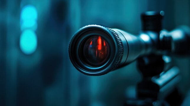 Close-up of a camera lens with a glowing red reflection, suggesting precision and focus.