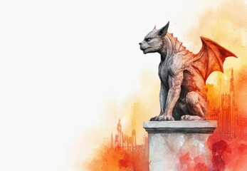 Gargoyle statue, rain-soaked stone, cityscape background, Watercolor style