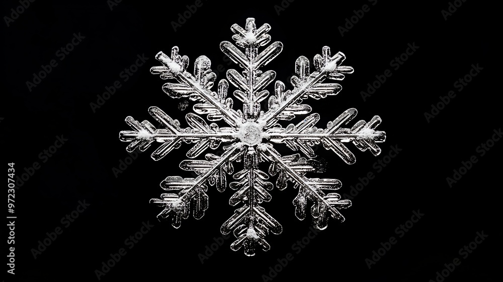 Poster close-up of a single snowflake isolated on a black background.