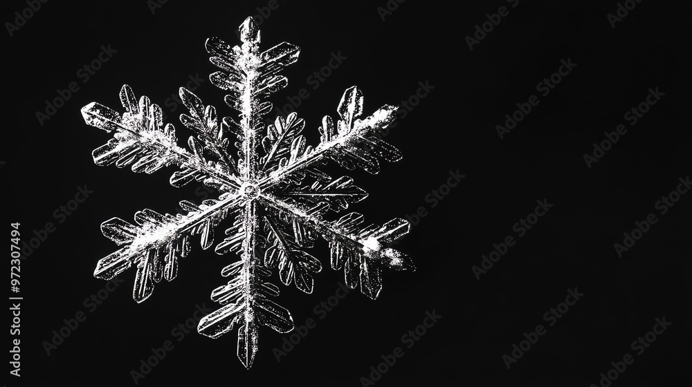 Poster close-up of a single snowflake isolated on a black background.