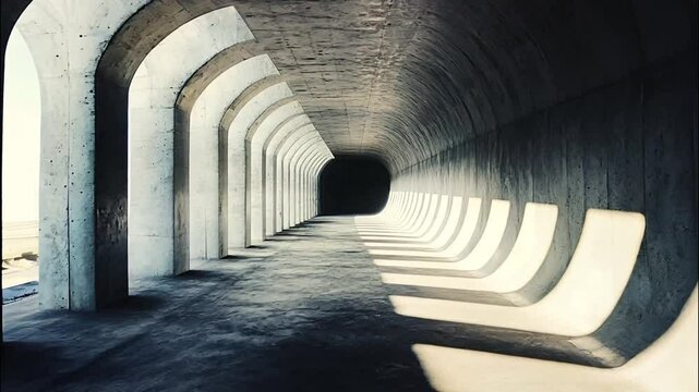 A Long, Dark Tunnel Illuminated by Light Streaming Through Arches