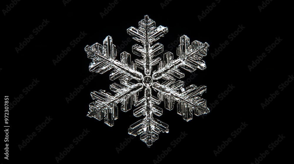 Poster a macro shot of a single snowflake on a black background.