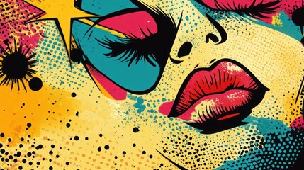 Obraz premium A vibrant pop art illustration featuring a woman's face with bold colors, striking eyelashes, and full lips.