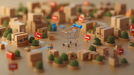Shopping cart in a miniature cardboard city, representing online shopping and delivery.
