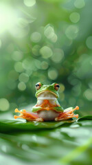 Frog meditating. A cute frog in a yoga pose, meditating with hands folded on its chest.