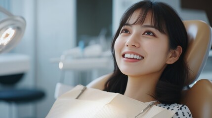 Happy young Asian woman relaxing in a dental chair, smiling with confidence during a dental appointment.