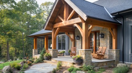 Rustic farmhouse exterior with wooden beams, stone accents, and a welcoming front porch with rocking chairs.