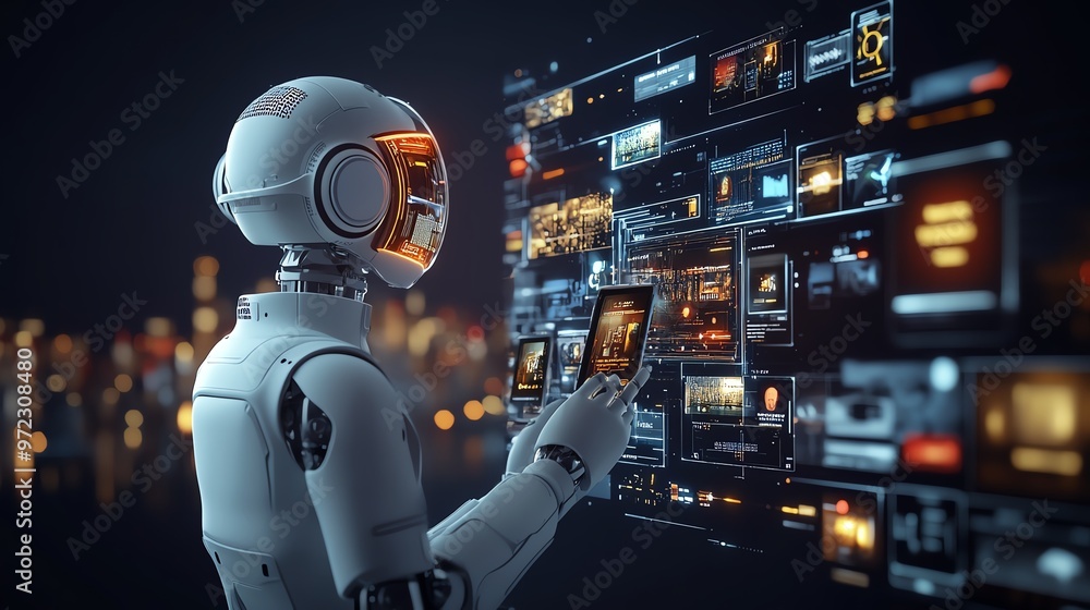 Poster a futuristic robot interacts with a large digital interface, showcasing advanced technology.
