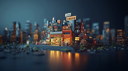 Obraz premium Miniature cityscape at night with glowing lights and neon signs.