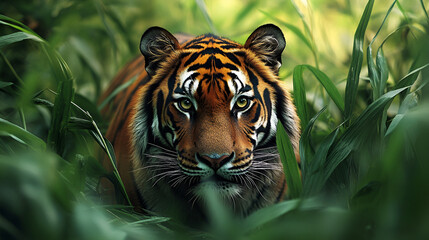 Fototapeta premium A regal Bengal tiger prowling through the tall grass
