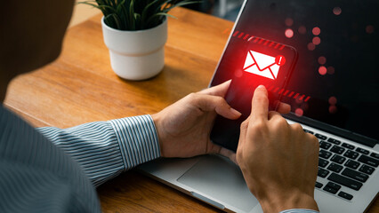 Alert Email inbox and spam virus with warning caution for notification on internet letter security protect, junk and trash mail and compromised information. Email error or email spam.