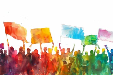 Crowd of people with banners and placards, public rally, democratic protest. Watercolor illustration.