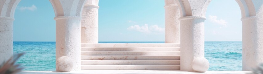 Obraz premium Arcade Steps to Ocean Paradise, serene seaside view, elegant white stone sculpture, podium for design mockup, bright summer atmosphere, inviting empty space for creativity