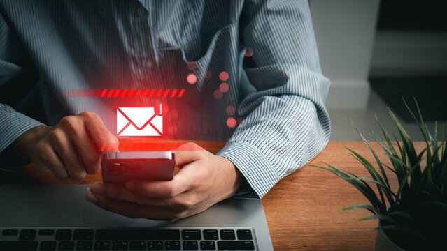 Alert Email inbox and spam virus with warning caution for notification on internet letter security protect, junk and trash mail and compromised information. Email error or email spam.