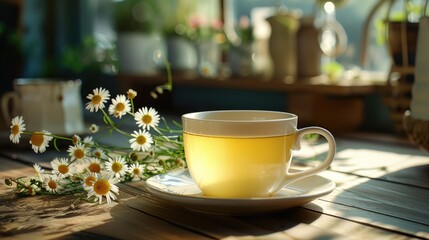 Fototapeta premium A cup of tea with daisies on a wooden table. Perfect for websites, blogs, and social media posts about relaxation and nature.