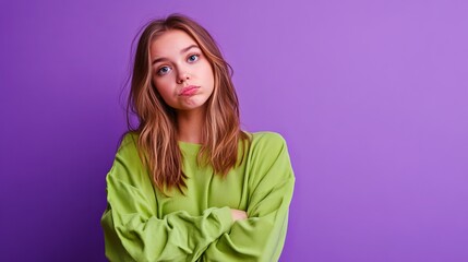 Fototapeta premium Photo portrait of lovely teen lady look skeptical empty space dressed stylish green garment isolated on violet color background