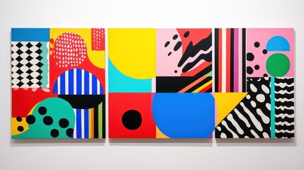 A vibrant abstract mural featuring geometric shapes and bold colors, creating a modern artistic atmosphere.