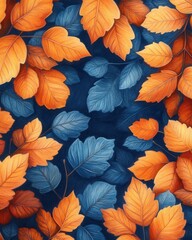 Fototapeta premium A vibrant arrangement of autumn leaves in shades of orange and blue against a dark background