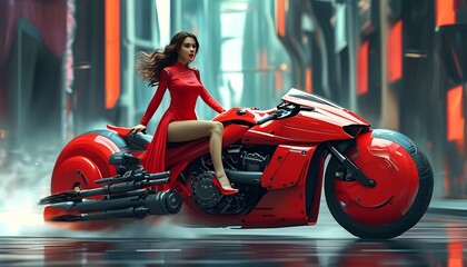 Obraz premium red woman riding a red motorcycle woman on red motorcycle